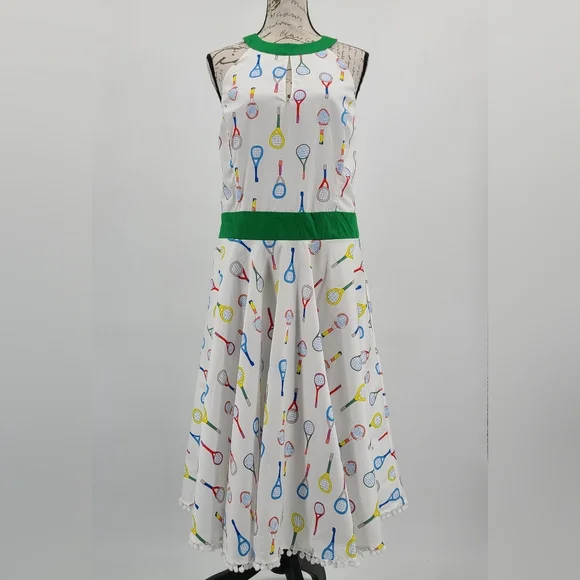 Unique Vintage White Whimsical Tennis Print Dress - Picture 3 of 9